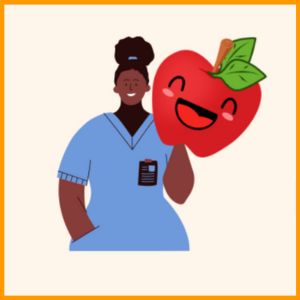 Zeichnung einer Frau im Krankenschwestern Outfit, die einen stilisierten Apfel mit Gesicht in der Hand hält