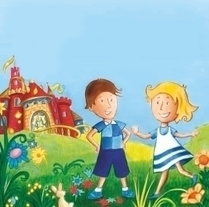Zwei gezeichnete Kinder auf einer Blumenwiese vor einem Schloss