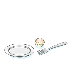 Ein Teller, eine Gabel und ein halbes Ei