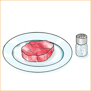 Ein Stück Fleisch auf einem Teller mit Salzstreuer